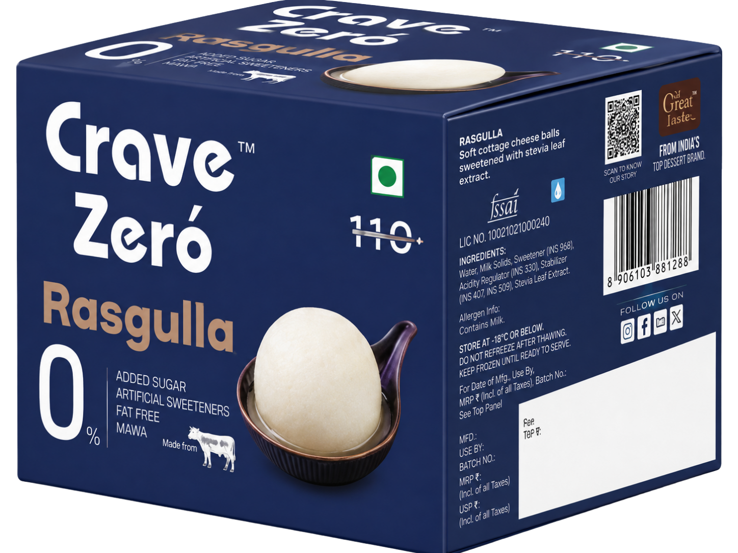 Side view of Crave Zero Rasgulla packaging